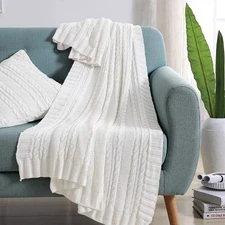 NEW 50"x70" Dublin Cable Knit Throw Blanket White Cotton Cozy 