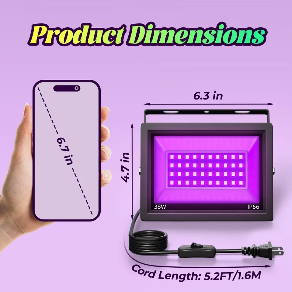 Pack de 2 luces LED negras de 38W, luces de inundación de luz negra para fiesta brillante IP66 Waterp... Foto 4 de 4