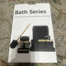 Complete Beige Plastic 9-Piece Bathroom Set with Soap Dispenser and Trash Can