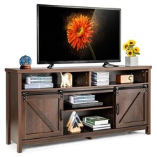 TV Console Cabinet with Sliding Barn Door 65 Inch Media Stand Brown Farmhouse