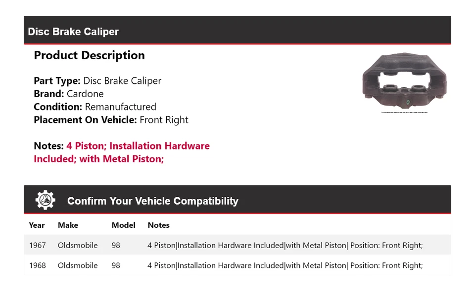 For 1967-1968 Oldsmobile 98 Disc Brake Caliper Front Right Cardone - Image 2 of 4