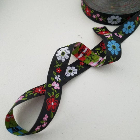 Floral on black fabric trim, 3/4 inch wide, Jacquard trim, sold by the
