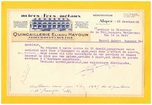 ALGER (ALGERIE) QUINCAILLERIE / FERRONNERIE TAILLANDERIE "Eliaou HAYOUN" en 1945 - Photo 1/1