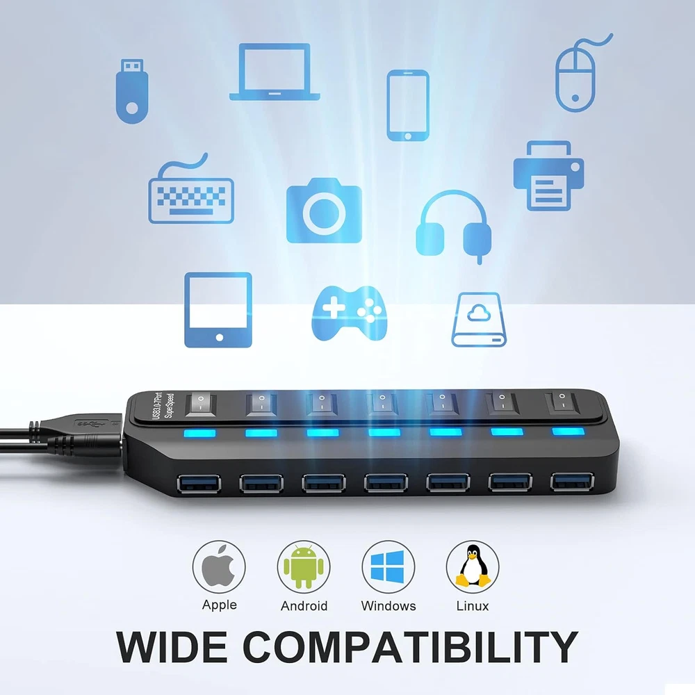 7-Port USB 3.0 Hub with On/Off Switches & 5Gbps Speed