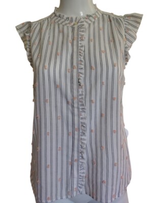 Loft Blouse Women XSP Petite Sleeveless Striped Ruffled Neck Button Up Mock Neck