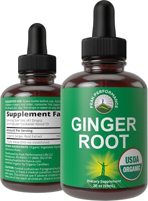 USDA Organic Ginger Root Extract Liquid Drops. Zero Sugar, Non Bitter