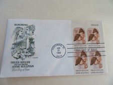 Helen Keller 13c Plate Block of Four Stamps Fdc Sc#1824 Artmaster Cover #1