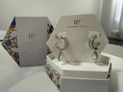 BP Earrings Lab Grown Milky White Opal Hoop Drop Rhodium Plated