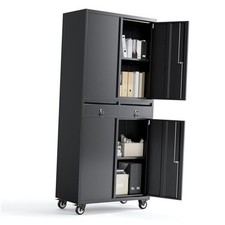 73 in Metal Storage Cabinet w/Locking Doors  Dark Black With Casters
