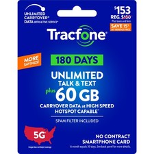 Tracfone 153 Unlimited Talk  Text, 60 GB of Data / 180 Days Physical Card 