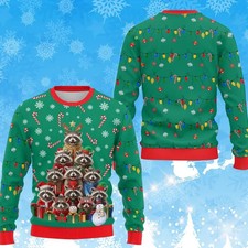 Raccoon Christmas Tree Ugly Sweater Green Funny Holiday Pullover Gift