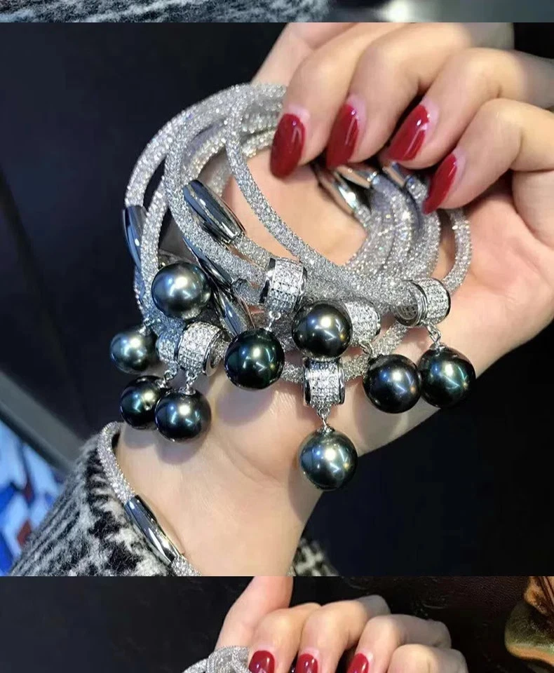 Gorgeous AAAAA 11-12mm Round South Sea Black Green pearl Bracelet 7.5-8" 925S - Image 3 of 3