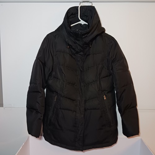 St. John's Bay Quilted Down Parka Coat Women Sz M Black Hooded Full Zip Snaps - Picture 1 of 10