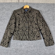 Evan Picone Womens Blazer Jacket Tan Black Damask Pattern Button Front Size 6