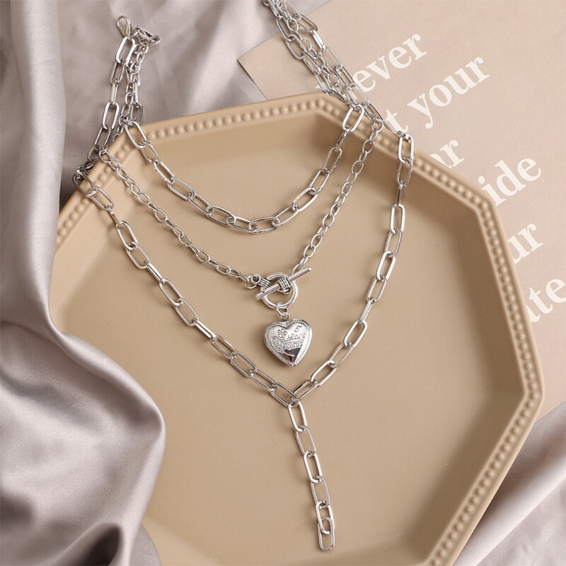 Gothic Punk Chunky Chain Layered Necklace Heart Shaped Pendant Choker