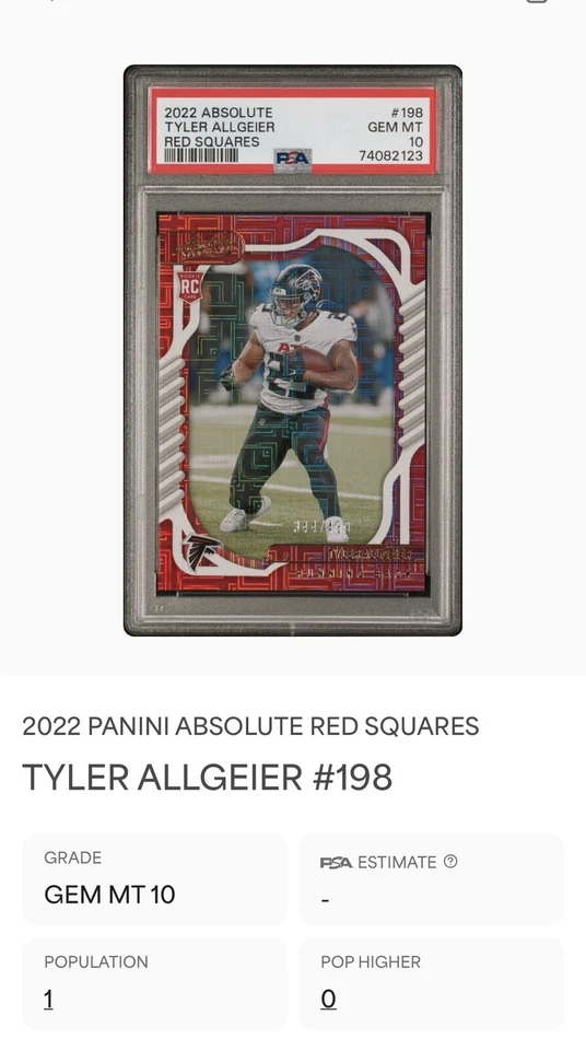 2022 Panini Absolute Tyler Allgeier RC #198 Red Squares  /499 PSA 10 GEM - POP 1 - Image 2 of 4