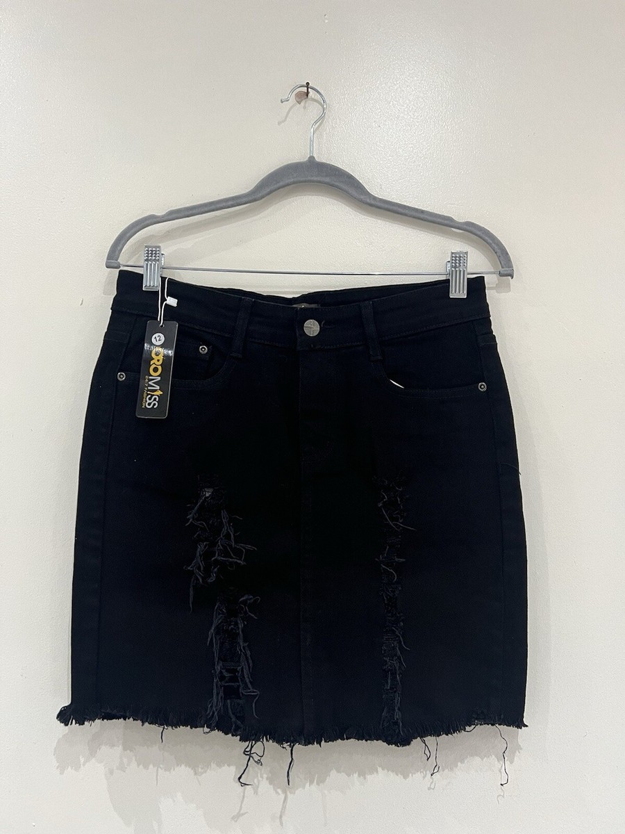 ORO MISS Women's Black Ripped Denim Skirt (Size UK 12- Petite)