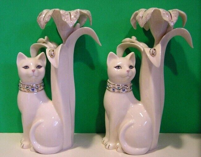 LENOX IVORY JEWELED CAT CANDLESTICKS - sculpture Set of 2 -- NEW