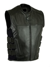 Motorcycle Bikers Leather SWAT Style Vest with Double Gun Pockets Inside