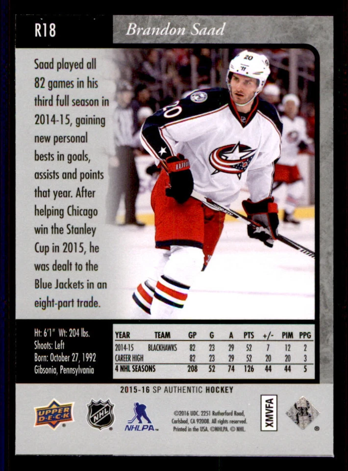 2015-16 SP Authentic '95-96 SP Retro #R18 Brandon Saad - Image 2 of 2