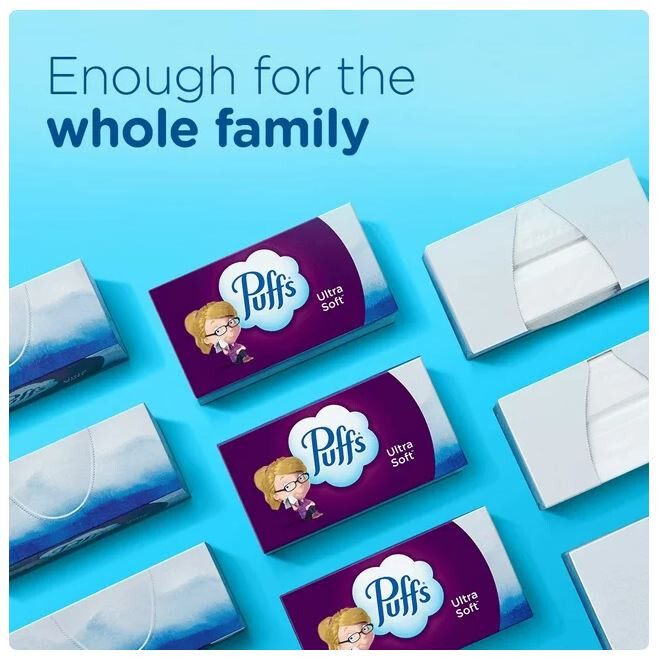 Puffs Ultra Soft Facial Tissues, 6 Family Size Boxes, White, 124 Facial