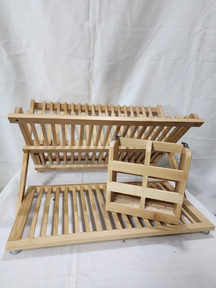 Worthyeah Bambú 3 Niveles Plegable Madera Platos Estante de Secado con Soporte para Utensilios Foto 2 de 4