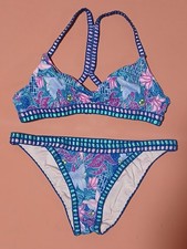 Victoria Secret Bikini Set Blue Floral Distinctive Crochet Trim Detail M NWOT