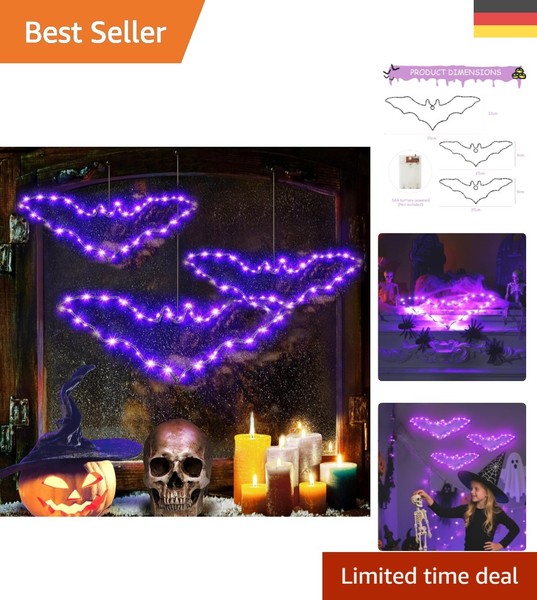 Batteriebetriebene Halloween Fensterdeko: 3 Lila Led Fledermauslichter Mit Modi-image