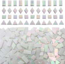Iridescent White Glass Mosaic Tiles for Crafts, 280 Pcs Mixed 4 Shapes Stained G