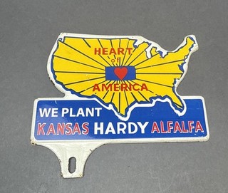 Vintage "WE PLANT KANSAS HARDY ALFALFA" SST License Plate Topper Nice Graphics!!