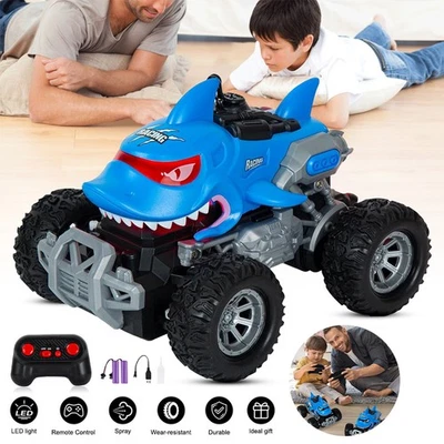 Mini Remote Control Shark Monster Truck 4-Way Light Up Stunt RC Toy Car w/ Spray - Image 1 of 4