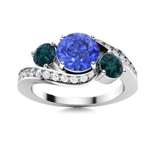 925 Sterling Silver 5MM Round Tanzanite  London Blue Topaz Three Stone Ring