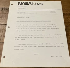 1986 NASA News Release Shuttle Engine Runs At 109 Percent Of Rated Power 04/80