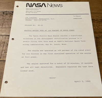 1986 NASA News Release Shuttle Engine Runs At 109 Percent Of Rated Power 04/80
