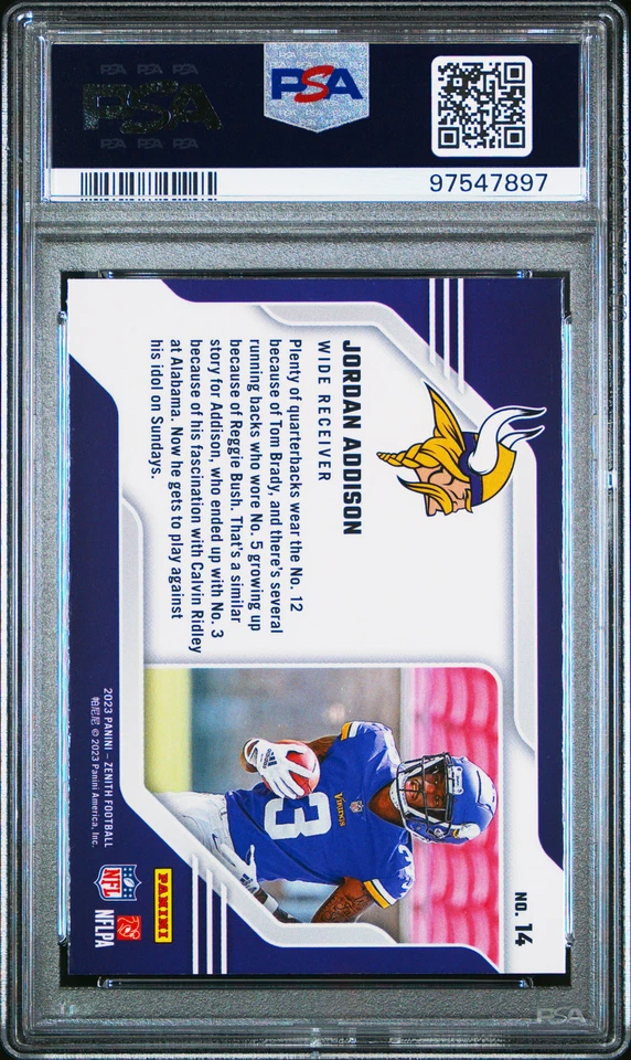 2023 Panini Zenith Behind Numbers #14 Jordan Addison RC PSA 10 (Topps KB58) - Image 2 of 2