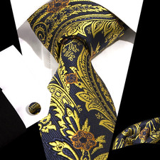 New Mens Silk Tie Set Paisley Blue Gold Necktie Pocket Square Cufflinks Set