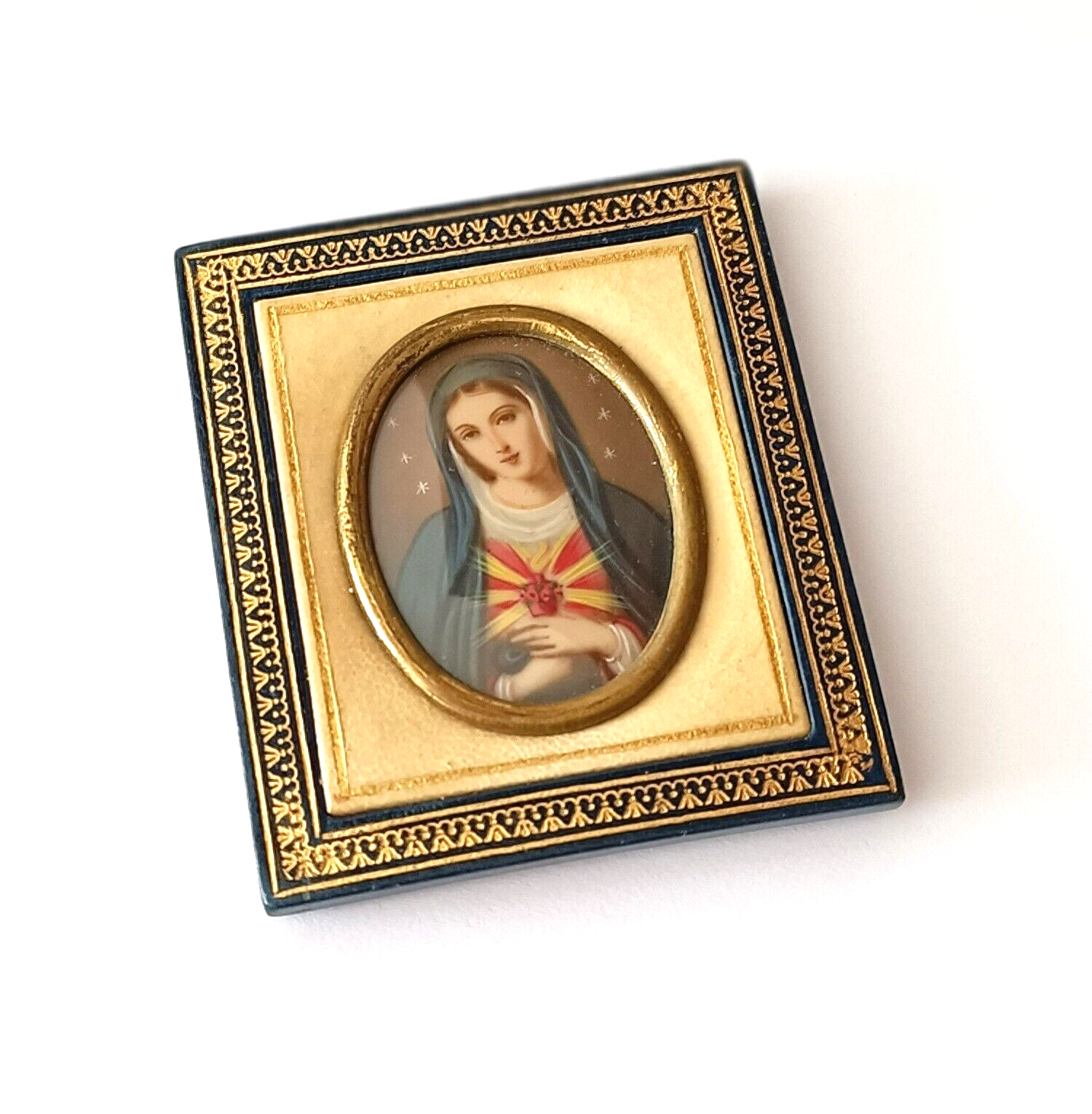 Antique Miniature Religious Painting Virgin Mary Leather Frame Vintage holy art