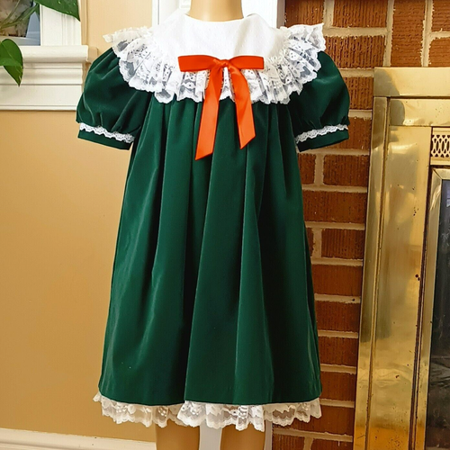 Girls Emerald Green Velvet Dress 6 Vtg Circle Ruffle Lace Collar Puff Sleeves