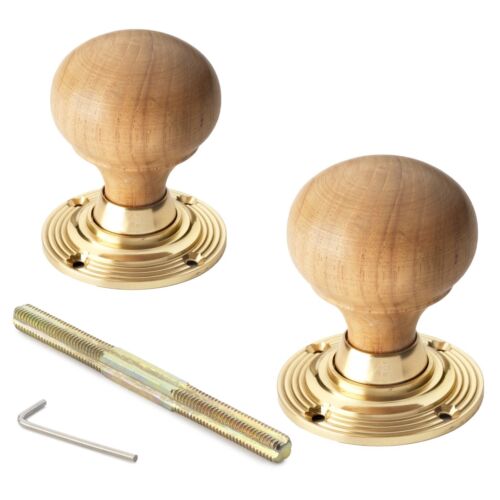 7 Pairs Teak Polished Brass Wooden Wood Bun Rim Mortice Door Knobs Knob Set New - Picture 2 of 4