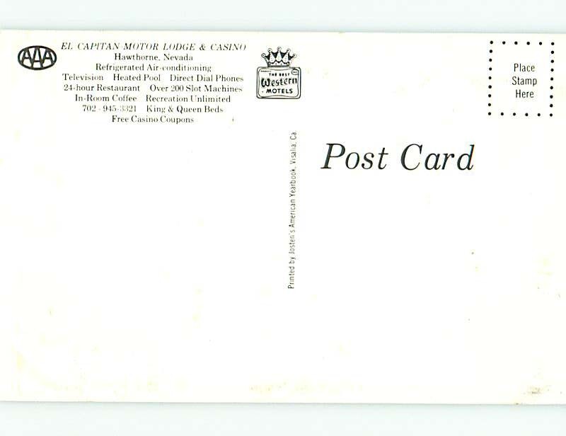Unused Pre1980 OLD CARS & EL CAPITAN MOTEL & CASINO Hawthorne NV u5612