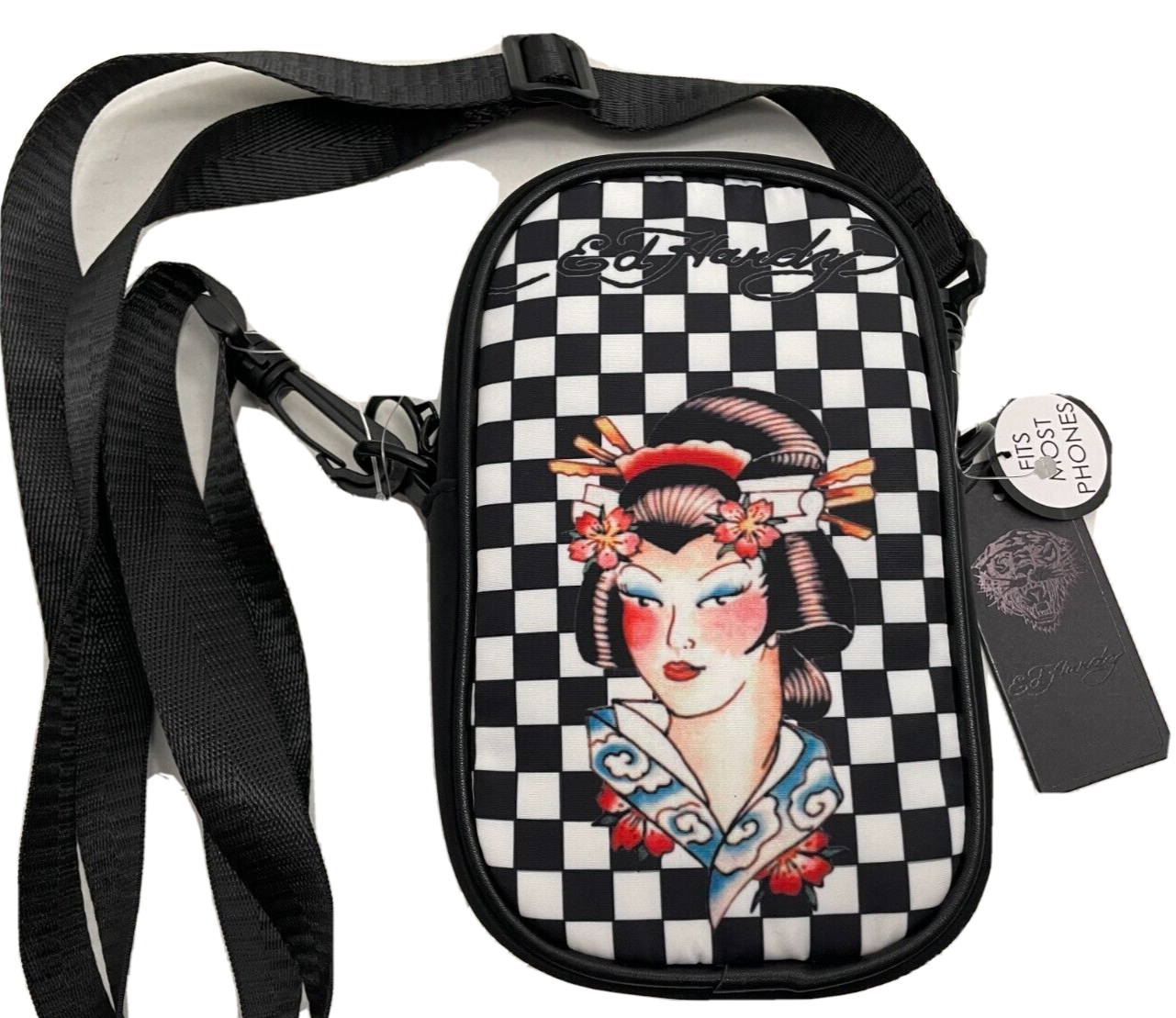 Ed Hardy Geisha Black Checkers Phone Crossbody Bag/NWT