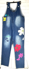 Women s Size Medium Blue Floral Patch Denim Look Overalls Summer Wear Bib
