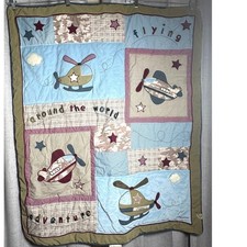 Baby Martex Airplane Helicopter Quilted Baby Blanket Blue Camo Plaid 42x36