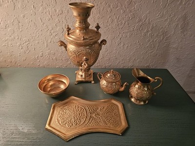 Antique Persian 18kt Gilted Brass Samovar & Tea Service Set