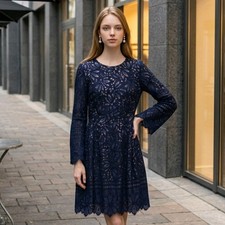 Eliza J Navy Blue Lace Bell-Sleeve Nude Lined Dress 4 EUC