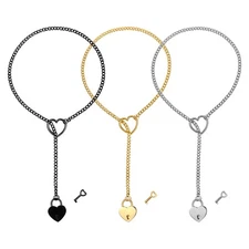 Women's Y-Shape Lariat Heart Lock Key Drop Necklace Cuban Chain Stainless Steel