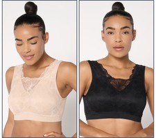Breezies Seamless Set of 2 Lace Cami Bras with Removeable Pads Black/Sunbeige