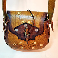 Vintage 60s Hand Tooled Leather Purse Floral Bohemian Shoulder Bag Hippie Flower