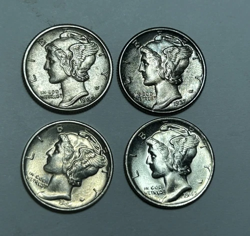1929 AU-BU, 1937 BU, 1944 BU AND 1945 S BU MERCURY DIME