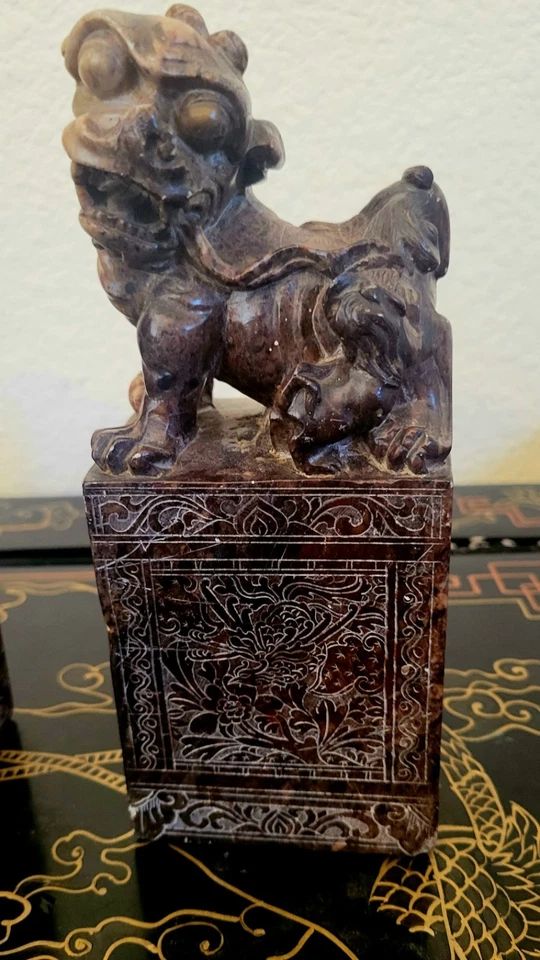 Grande 8" Ornamentado Esculpido Foo Dog Lion Par Shoushan Pedra Sabonete Bookends Roxo Raro - Imagem 2 de 4
